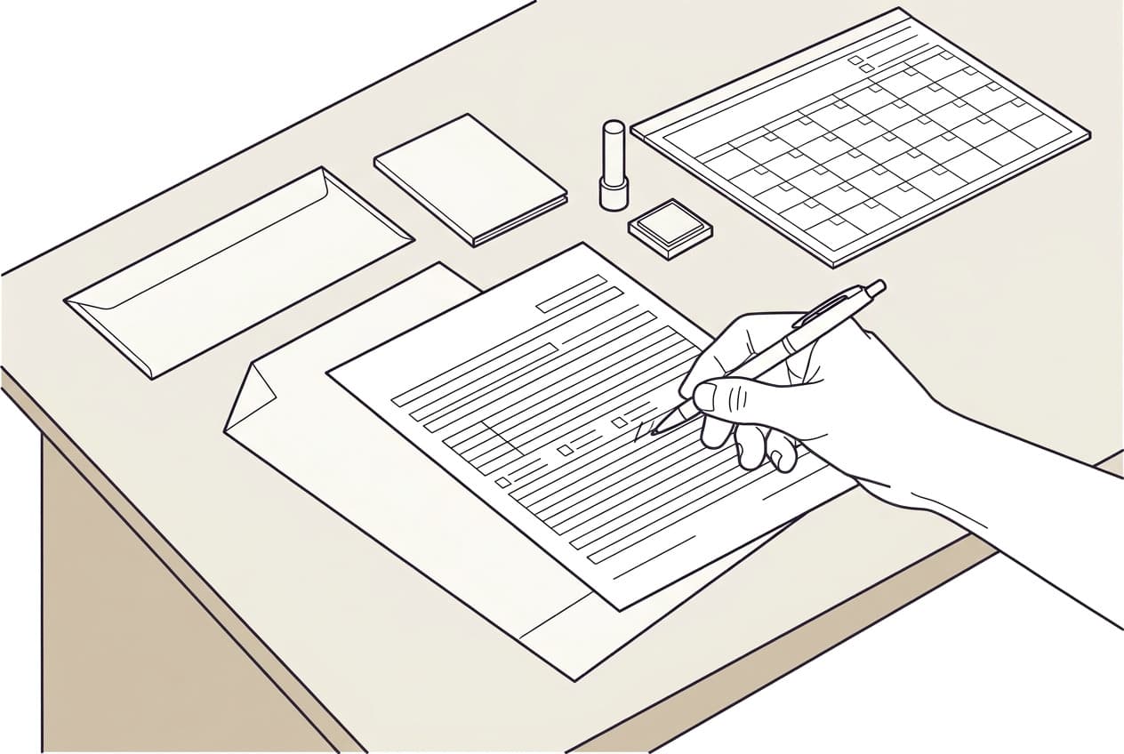机の上に申請書と封筒、印鑑、カレンダーが並び、ボールペンを持つ手が記入しようとしている