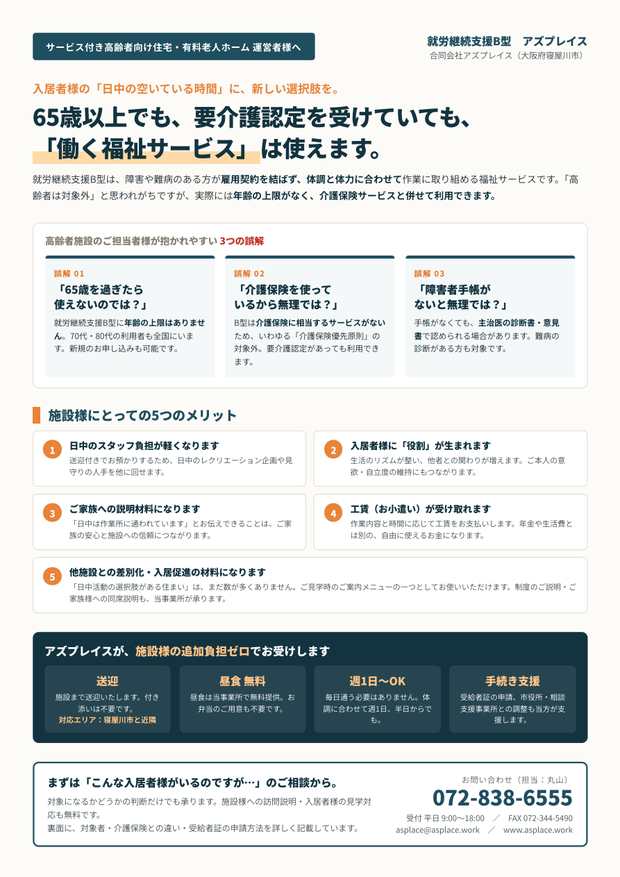 高齢者施設向けの案内チラシ。制度の説明を図と表で整理したA4両面