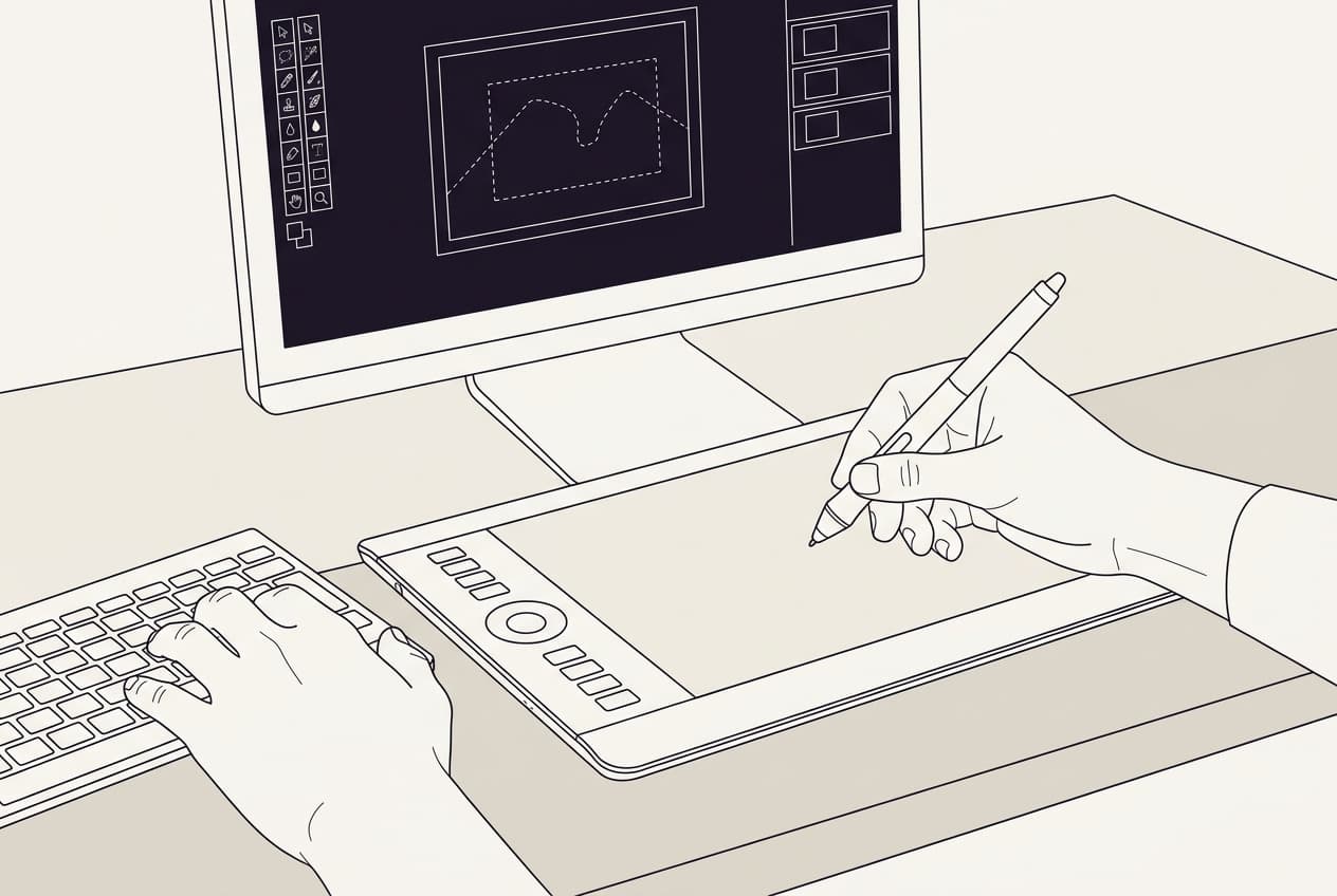 ペンタブレットに向かう手元。モニタには画像編集の画面が映っている